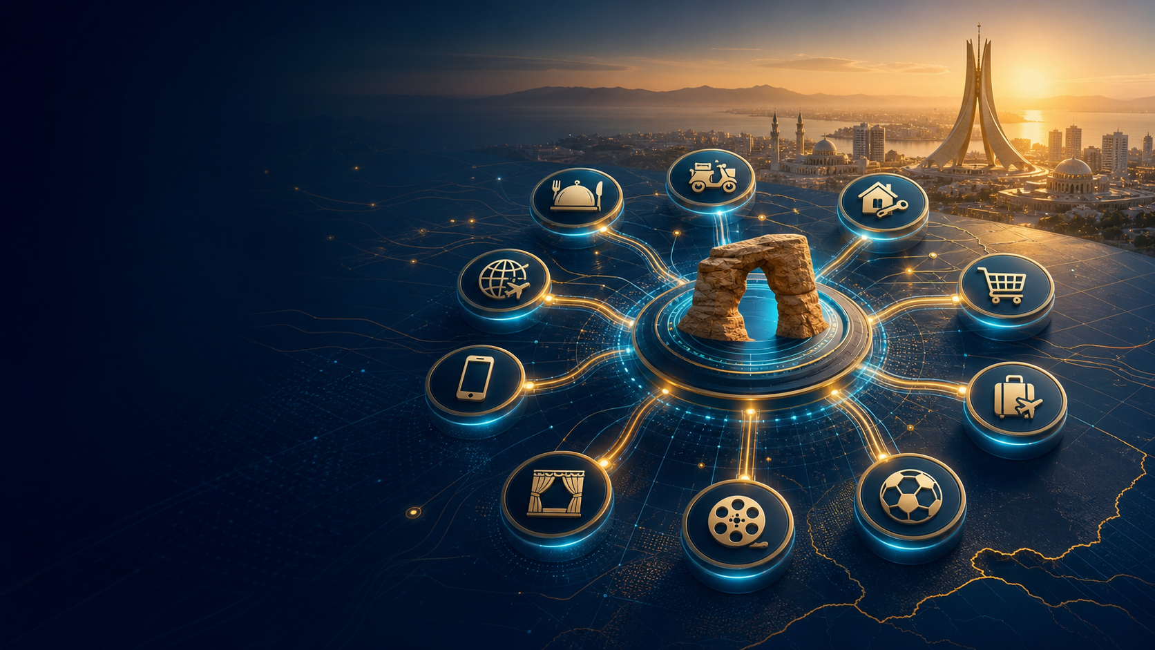 Digital network over Algeria connecting travel, housing, shopping and technology services